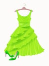 Vintage green silk dress and high-heeled shoes